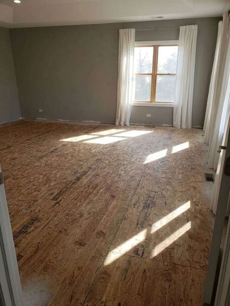 OSB subfloor before white oak hardwood installation in Grafton, Yorktown VA