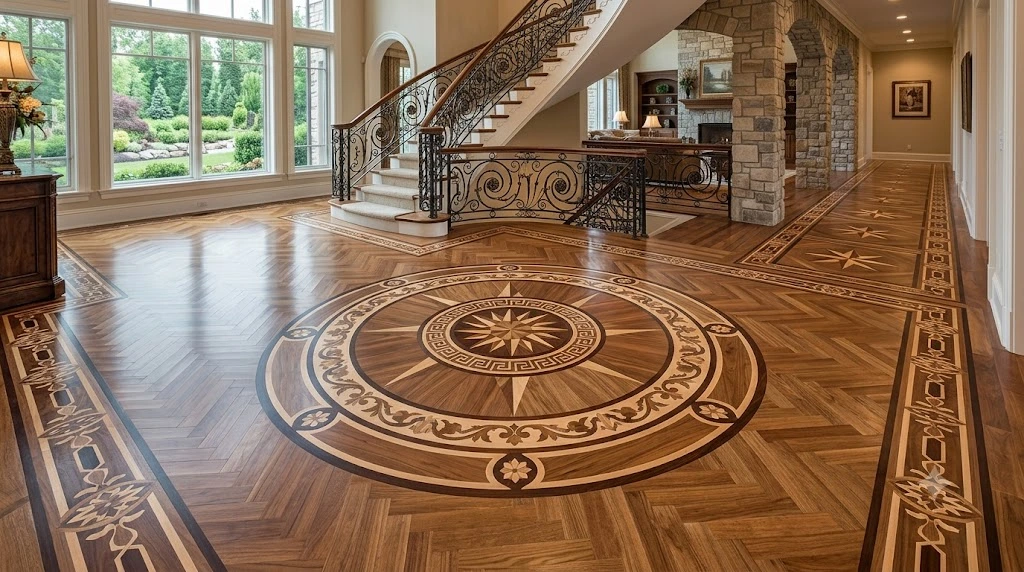 Elegant custom geometric wood floor pattern