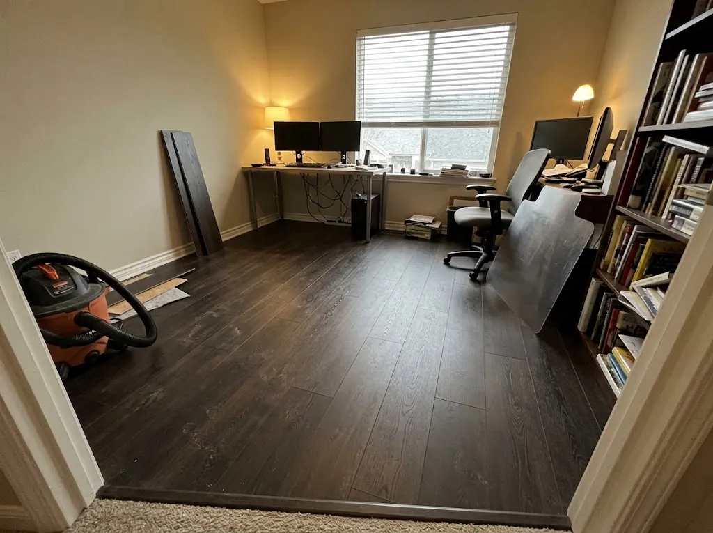 Dark espresso laminate flooring in a home office (laminate installation in Hampton, VA)