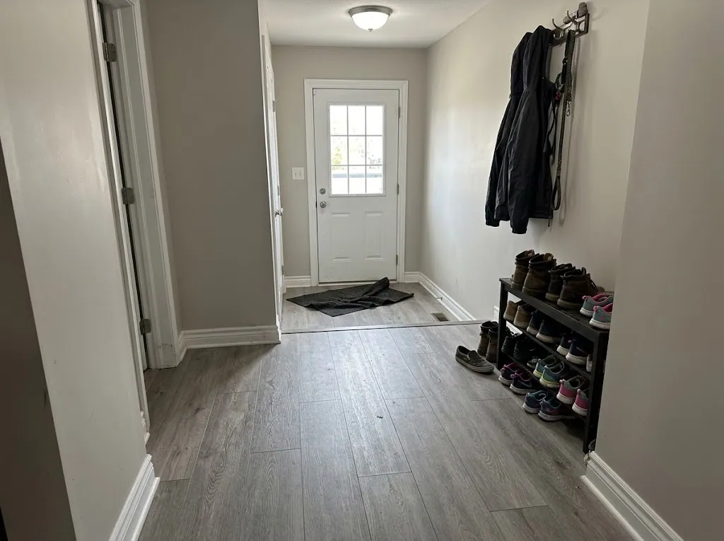 Gray luxury vinyl plank in a side entry and mudroom (LVP installation in Hampton, VA)