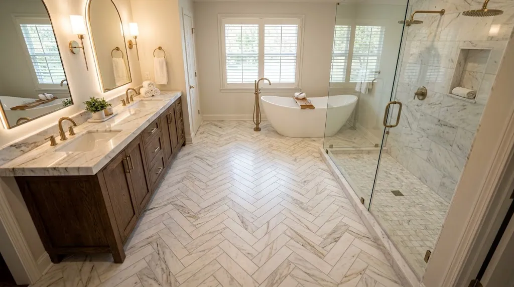 Herringbone marble-look tile bathroom floor with a freestanding tub (tile installation in Virginia Beach, VA)