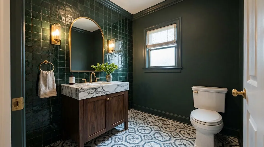 Patterned cement-look tile in a powder room