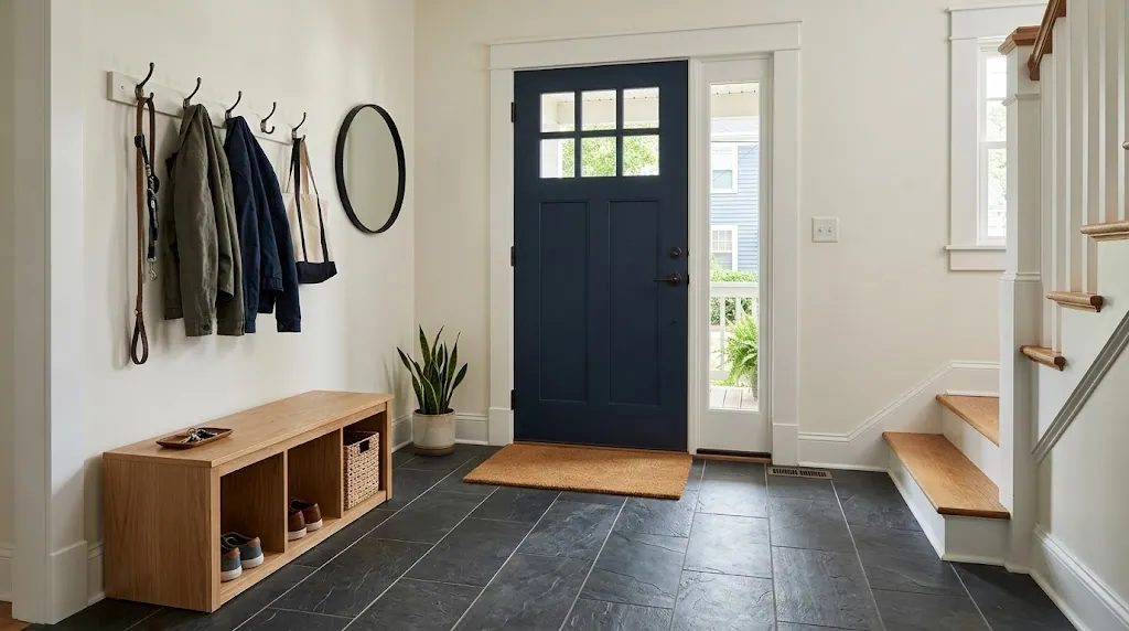Slate-look porcelain tile entryway floor (tile installation in Norfolk, VA)