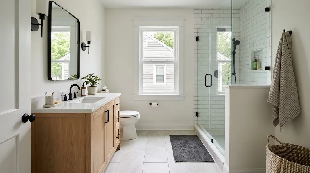 Hexagon mosaic tile bathroom floor with a walk-in shower (tile installation in Hampton, VA)