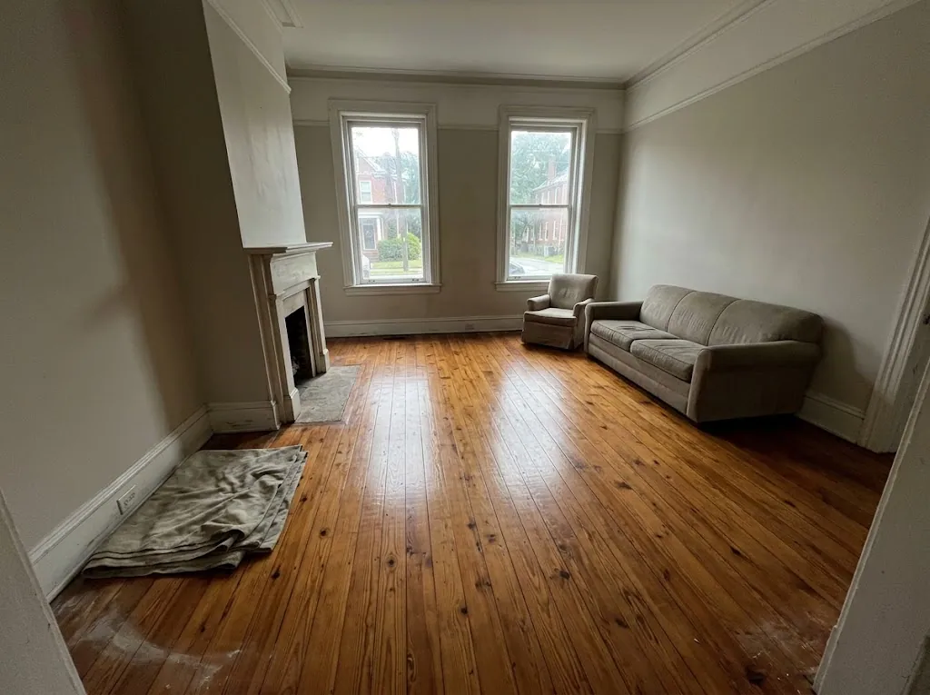 Refinished heart pine floors in a 1910s Ghent rowhouse in Norfolk, VA