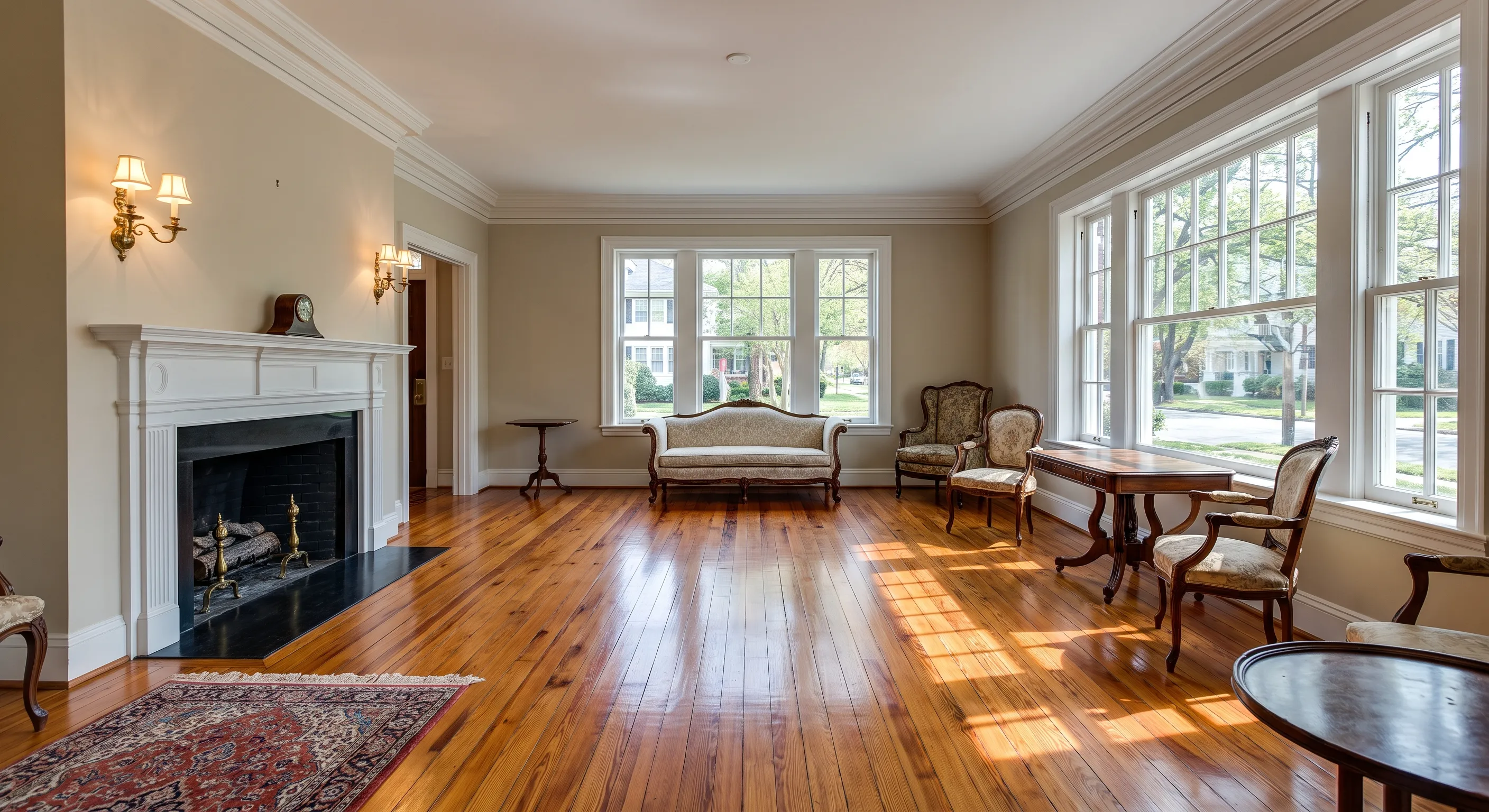 Dull white oak floors before refinishing at Ford's Colony Williamsburg